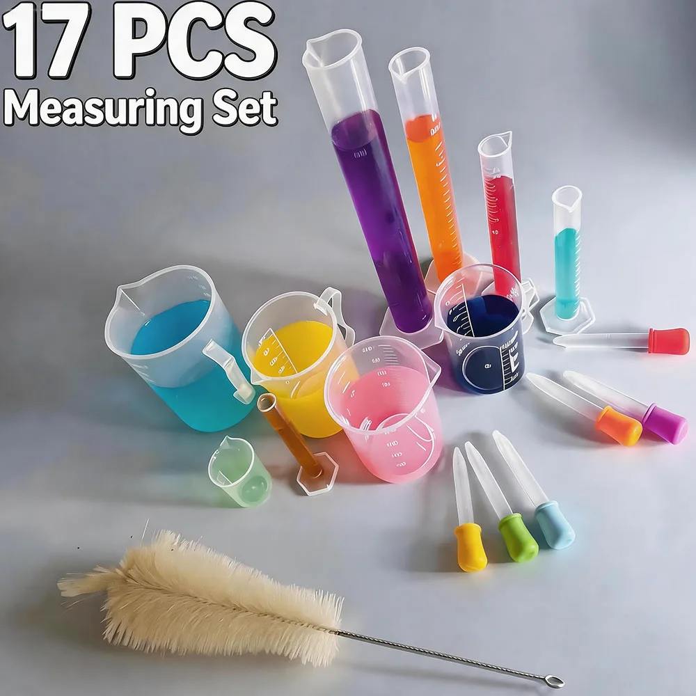 17-Piece Plastic Measuring Cup and Dropper Set with Graduated Transparent Plastic Beakers, Test Tube Cleaning Brush, Laboratory Liquid Measuring Tools, Handmade Baking Essential Oil Mixing Chemical Experiment Measuring Containers