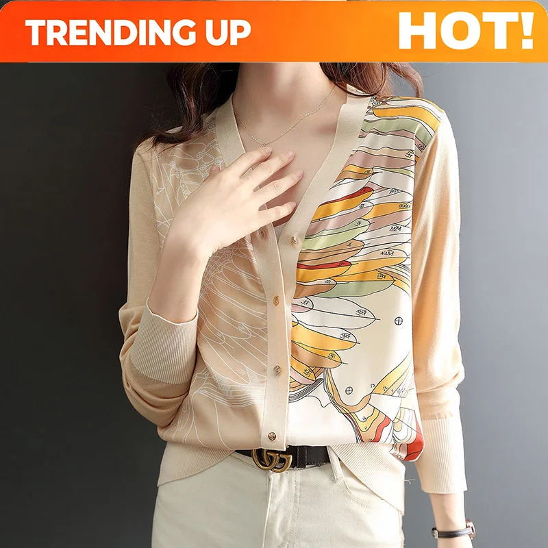 Customization Autumn Winter Casual Fashion V-neck Print Patchwork Sweater Cardigan Ladies Long Sleeve Single Breasted Knitting T