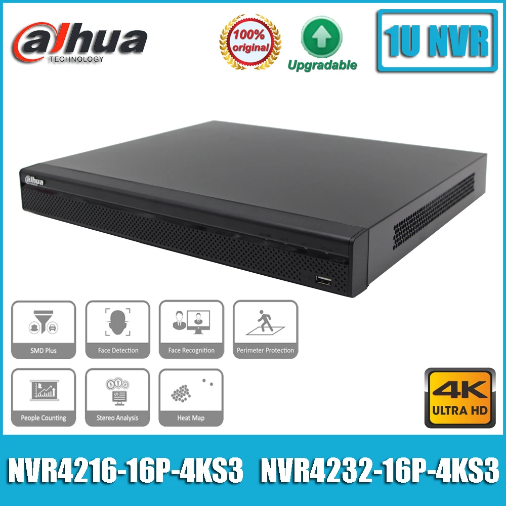 Original Dahua NVR4216-16P-4KS3 and NVR4232-16P-4KS3 16/32 Channel 1U 16 POE AI NVR 2HDDs Network Video Recorder