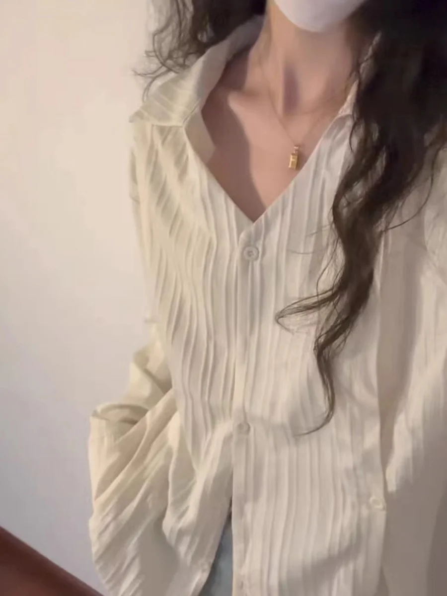 

Textured Sun Protection Women's irt Long Sve Thin Design Summer Outfit Korean Sle Loose Fit Collar Pure Color