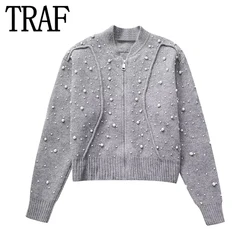 TRAF Knit Bomber Jackets For Women Cropped Knitted Cardigan Woman Faux Pearls Zip Grey Jacket Long Sleeve Short Autumn Sweater