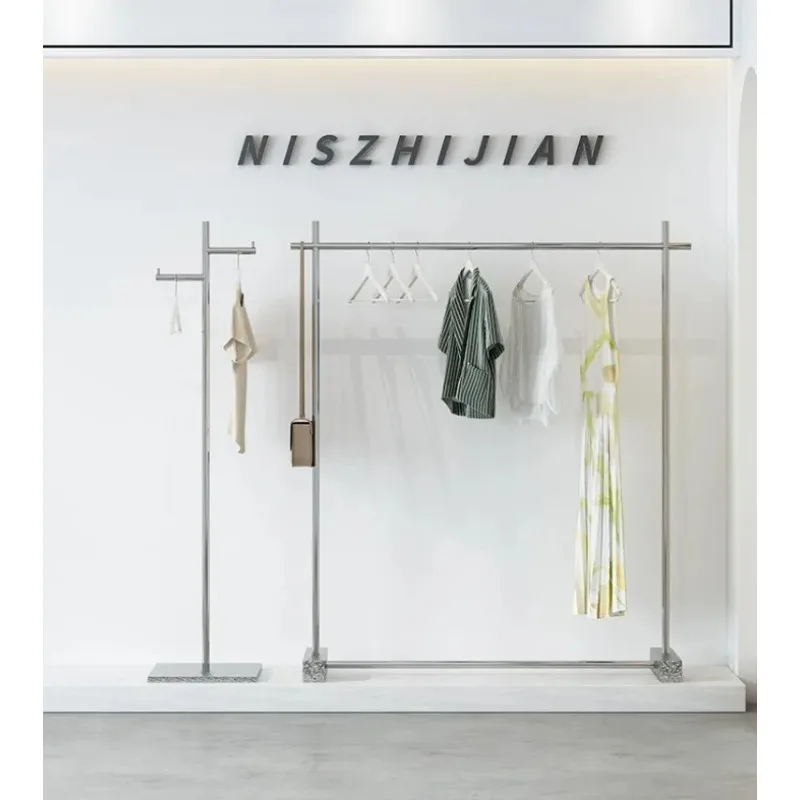 Suporte de exibição de loja de roupas, cabide de suspensão de piso de aço inoxidável, adereços de exibição de rack de roupas