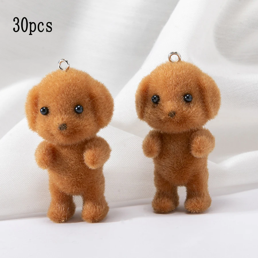 20Pcs 3D Cartoon Flocking Resin Charms Plush Animal Dog Doll Pendant For Keychain Earring DIY Crafts Jewelry Make Accessories