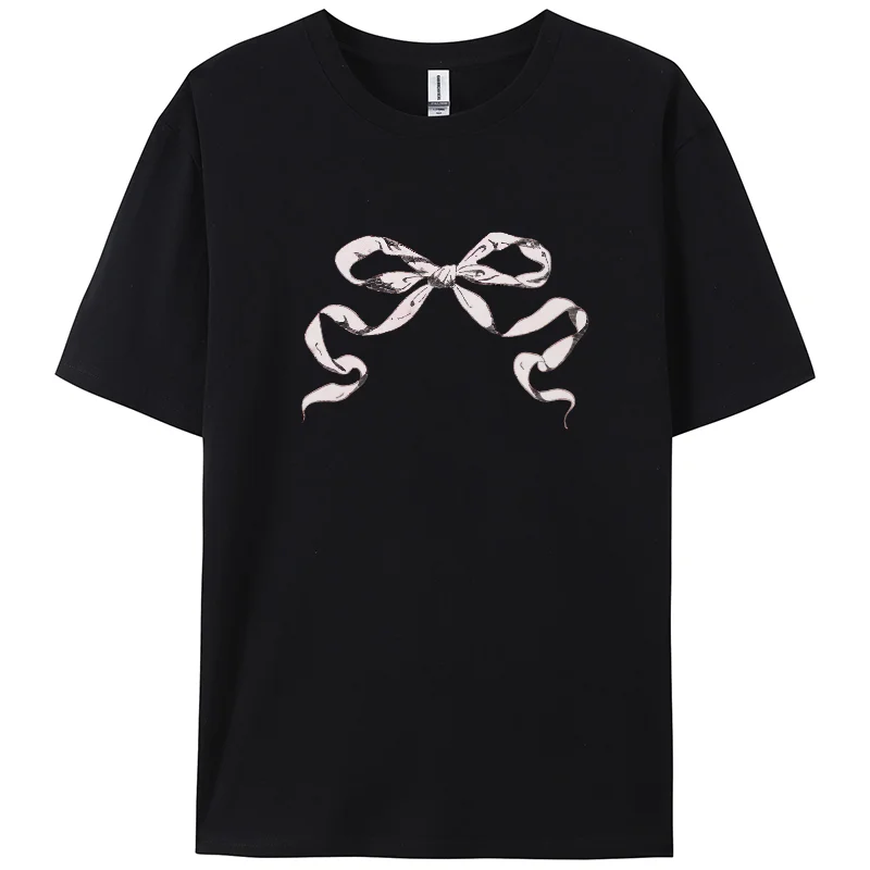 Ribbon Bow Tee 2024 Summer Bow Tie T-Shirt Coquette Aesthetic Trendy Gifts for Her Y2k Shirt Women Cute Comfort Outfits