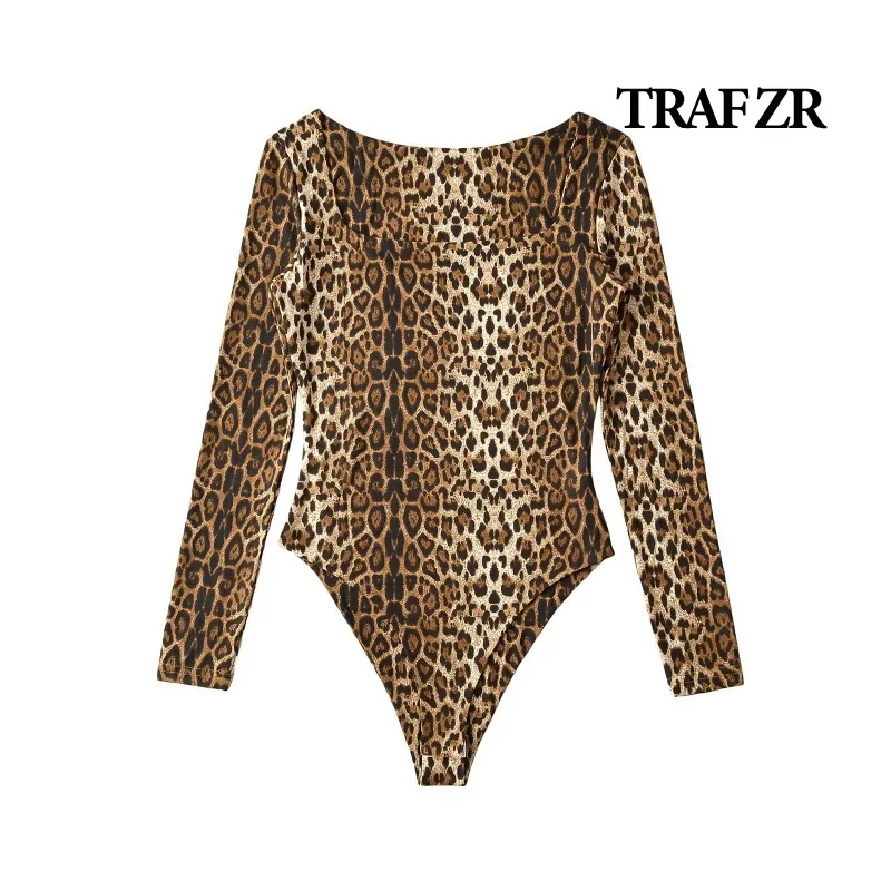 TRAF ZR Bodysuit Trend Woman Leopard Print Bodysuits Sexy Tight Fit Jumpsuit Women's Basic Bodysuit Long Sleeve Jumpsuits