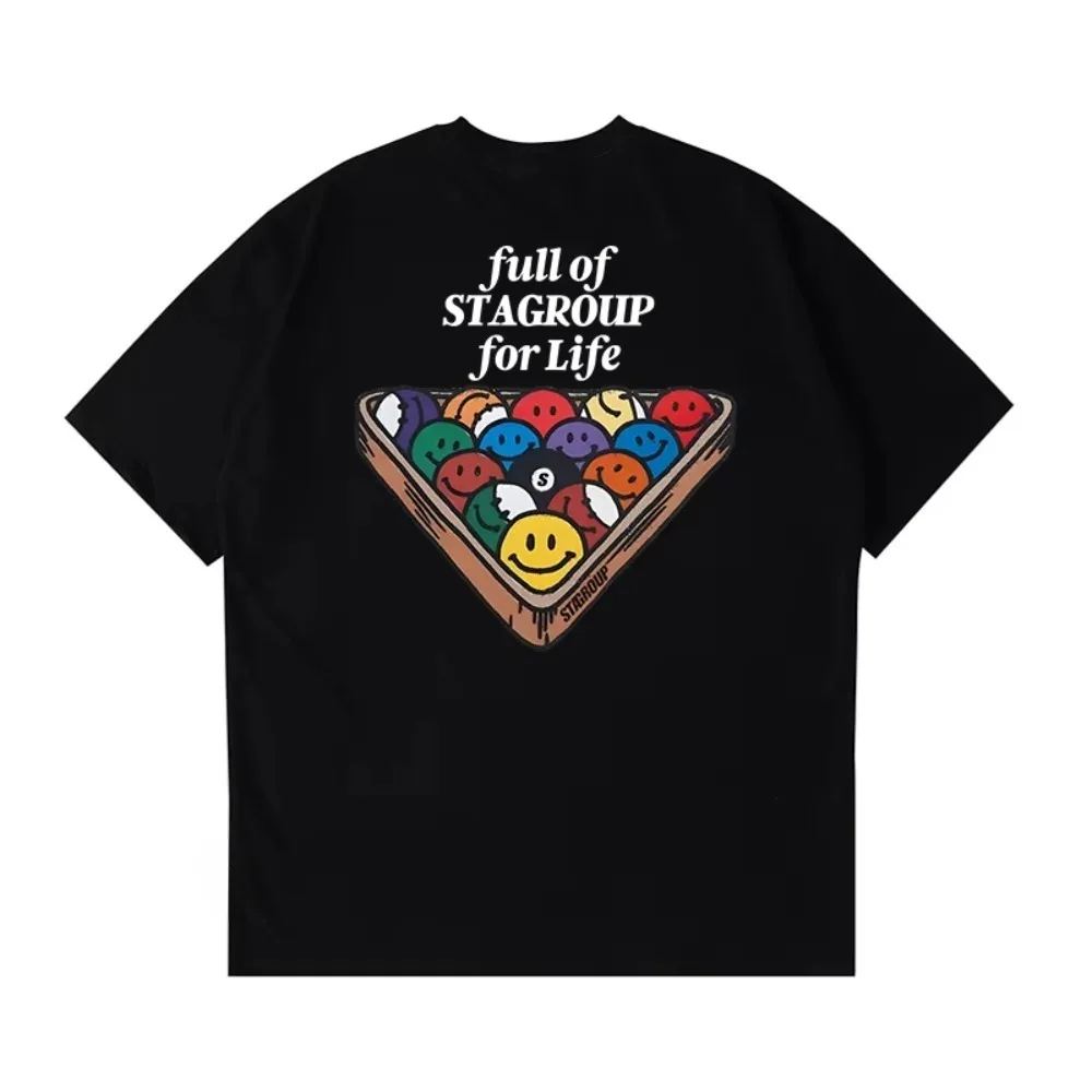 

The 2025 summer new short-sleeved T-shirt with cute billiard print round neck