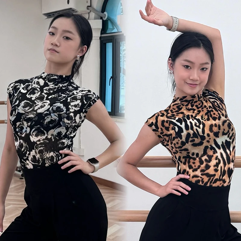 Top da ballo latino con stampa leopardata Donna Rumba Abiti da ballo da sala Estate Abbigliamento da pratica latina Club Performance Top DNV24392