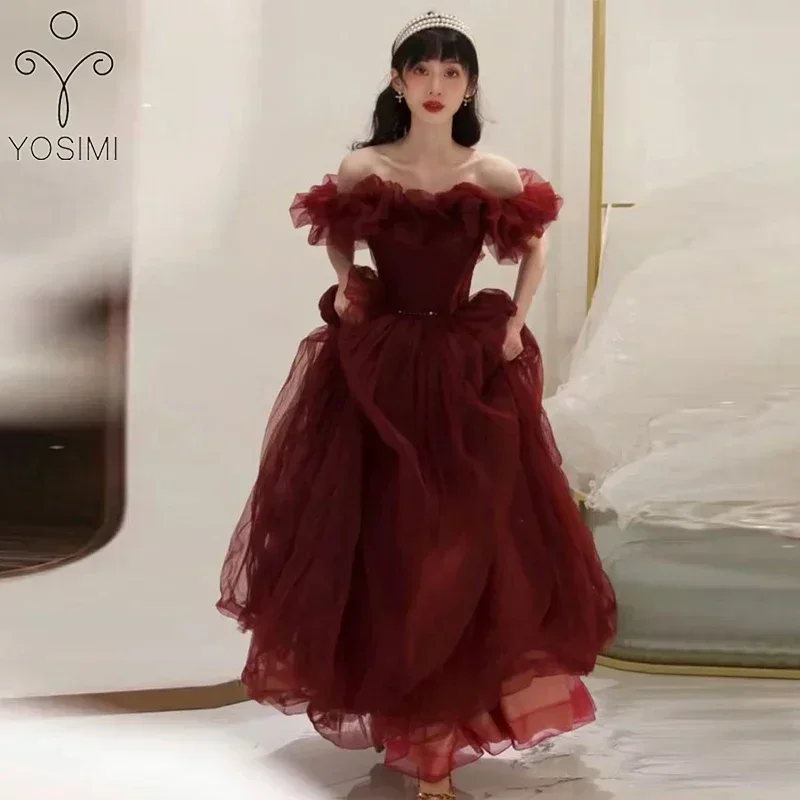 A Word Shoulder Fairy Red Boat Neck Evening Dresses Elegant Slim Waist Long Temperament Prom Robe Niche Wedding Party Dress