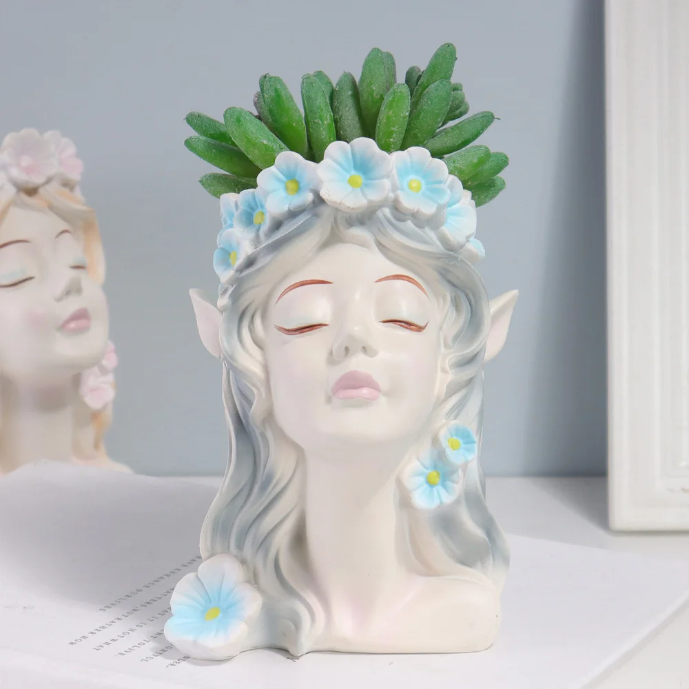Cute Elf Girl Resin Succulent Pot, Flower Head Planter for Indoor Home, Office & Garden Decor