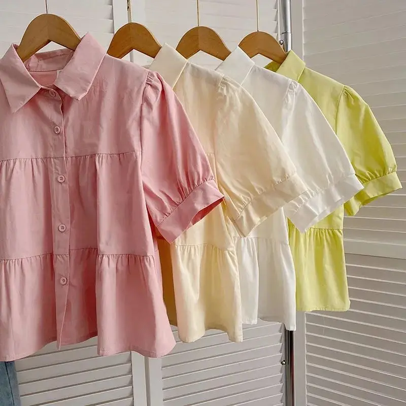 Summer Loose Sweet Short Sleeve Shirts & Blouses Puff Sleeve Elegant Office Lady Shirt Vintage Top Women Korean Popular Clothes