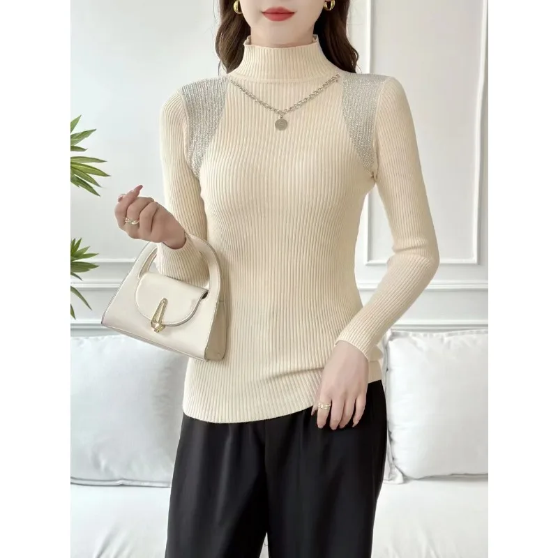 

Полый свитер в западном стиле с высоким воротником и горячим просверлением для женщин осенью и зимой, новый нишевый тонкий свитер, топ