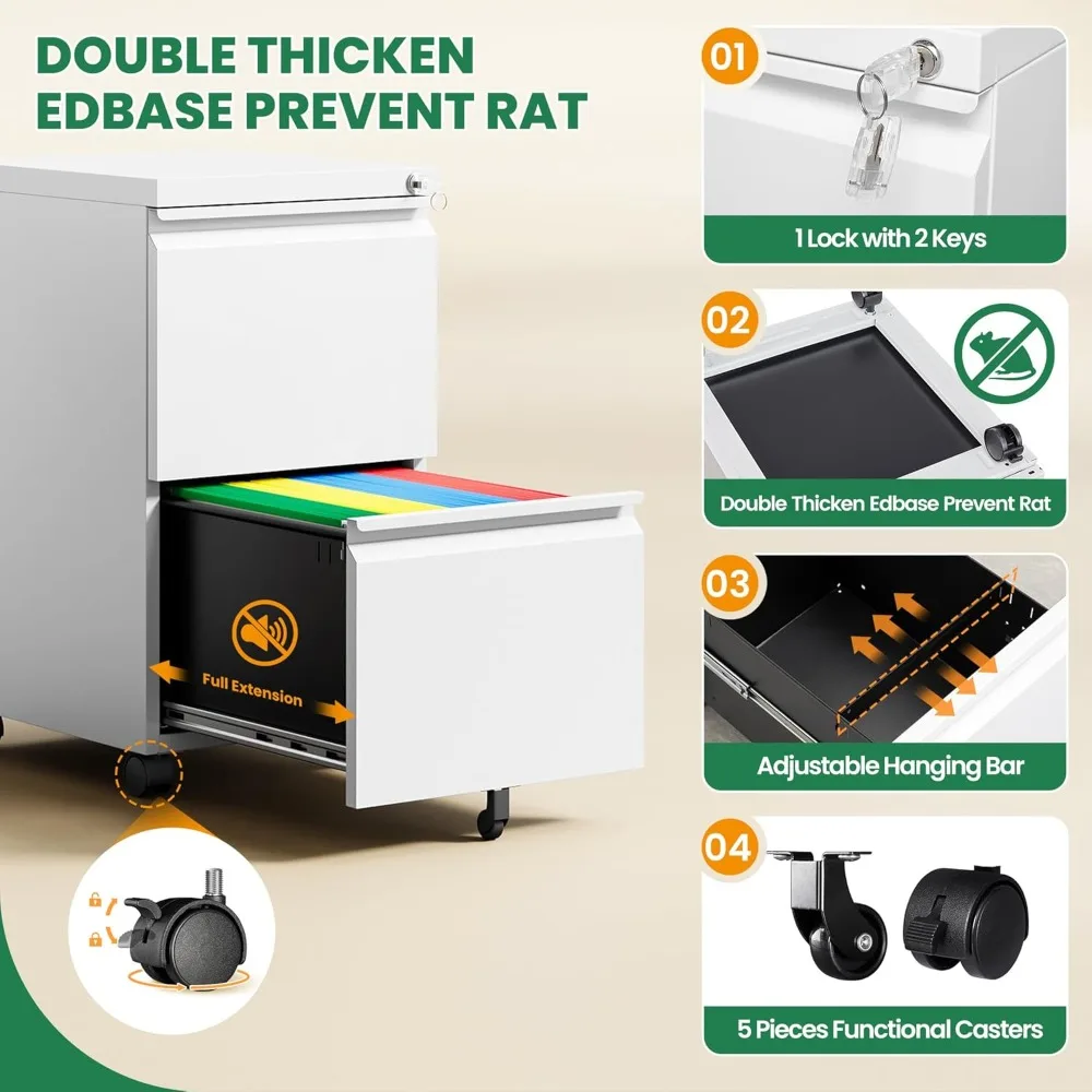 Under Desk 2-Drawer Mobile File Cabinet with Lock, Legal/Letter/A4 Size, White, Fully Assembled, Rolling Storage Solution