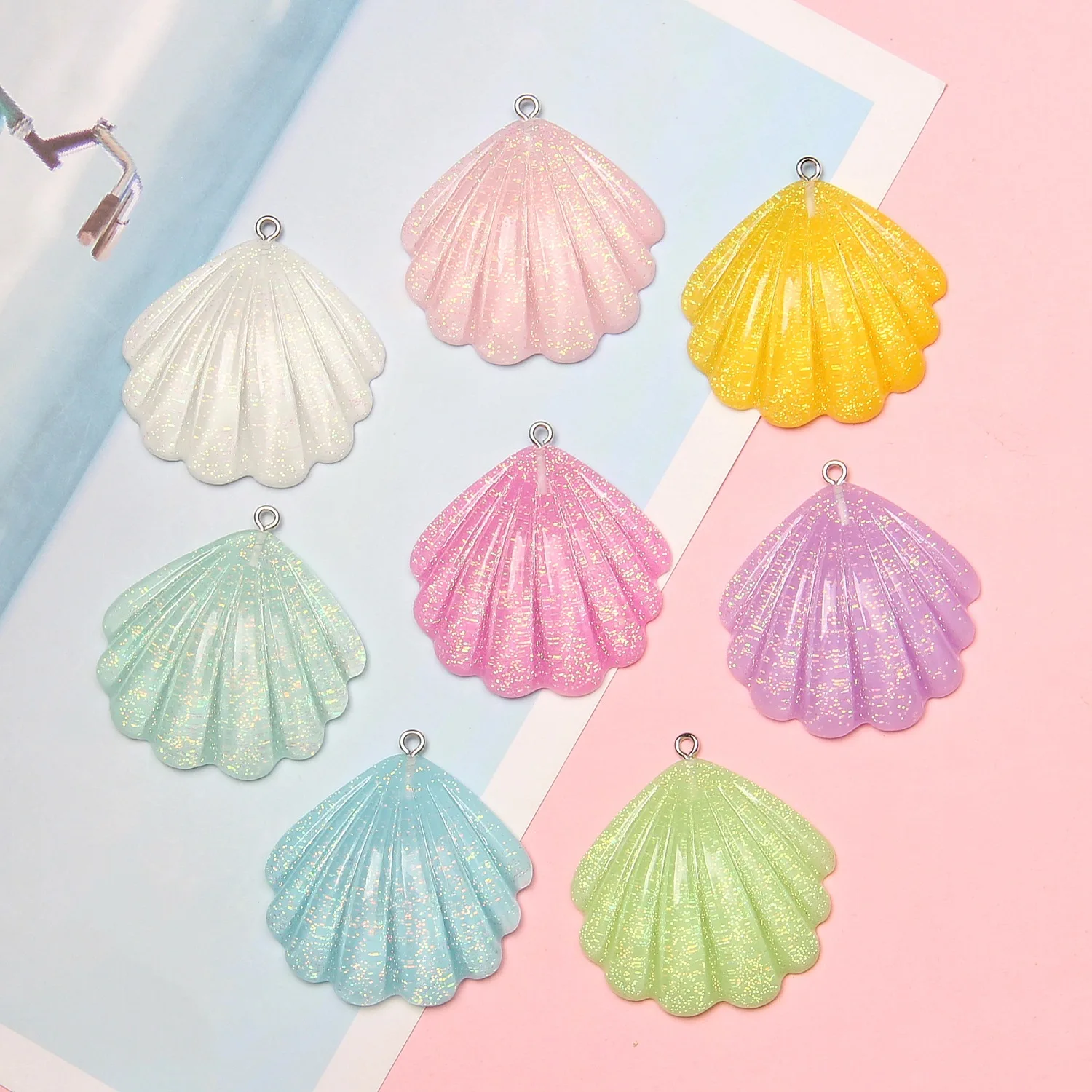 Glitter Powder Scallop Shell Encantos, Resina, Transparente, DIY, Fazer Jóias, Pulseira, Colar, Artesanato, Decoração, Moda, 10Pcs