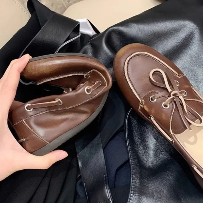 Women\'s Loafers Shoes Genuine Leather High Quality Round Toe Soft Bottom Flat Shoes Lace Up Breathable Ladies Casual Shoes 2026