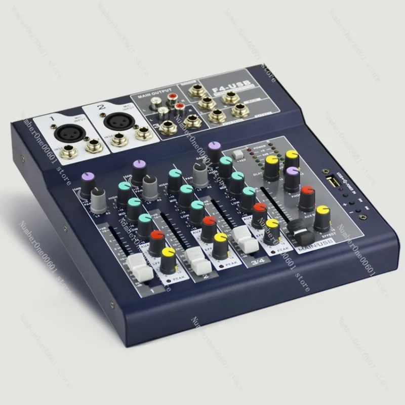 F4 Professional 4-Channel Audio Mixer with USB Stage Performance Mixer for Karaoke and Live Streaming