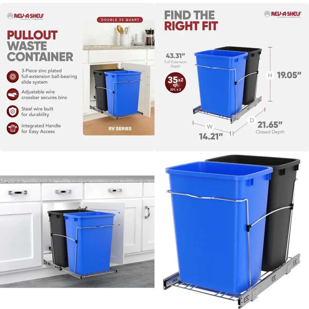 

Double Pullout Trash Can with 35 Quart Recycling Bin, Blue/Black