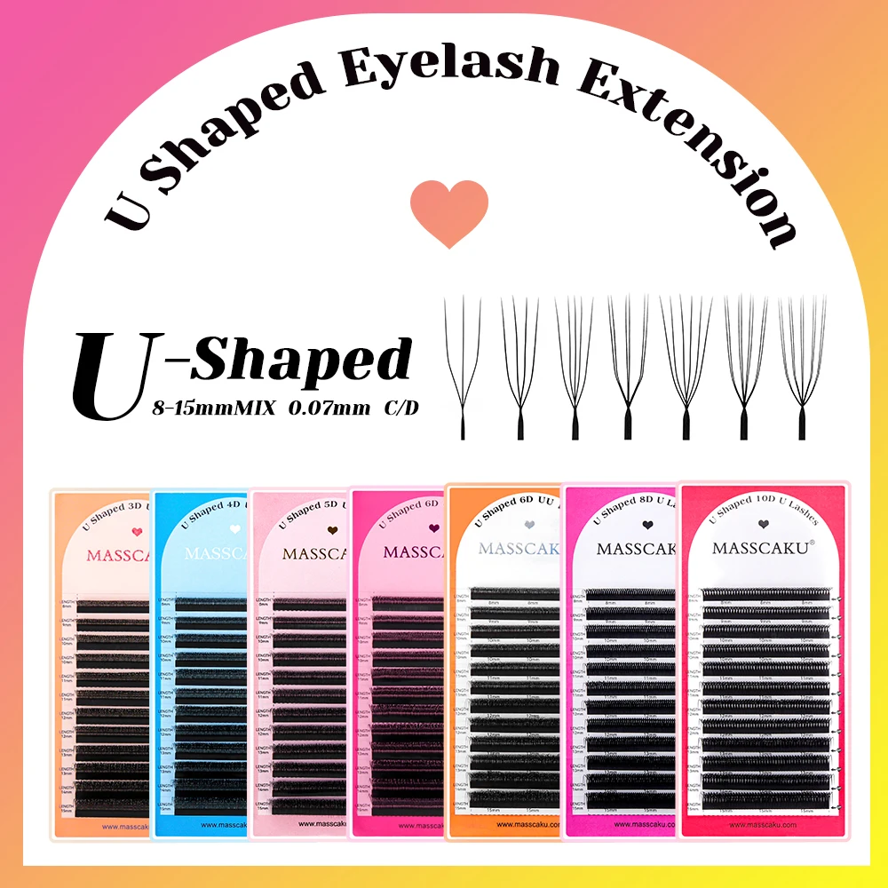 MASSCAKU U-Shape 3D/5D Mix Lashes 8-15mm C D Curl Premium Matte Black Fluffy Volume Eyelash Extensions Professional Makeup Whole