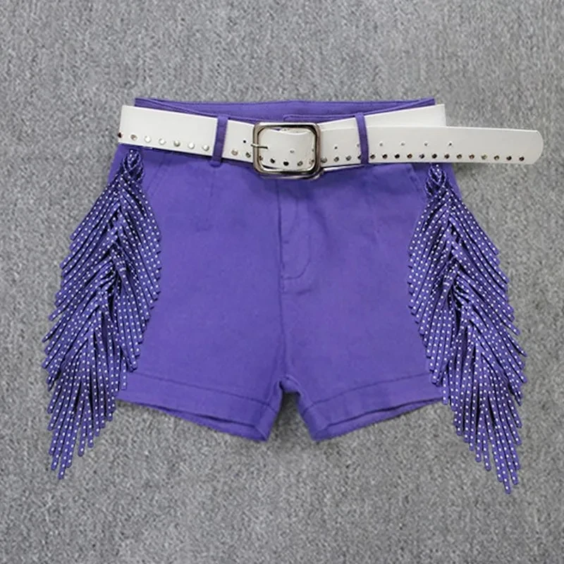 High waisted candy colored Casual Shorts For women Summer New Korean style Tassel Sequin elastic Purple Hot pants Streetwear