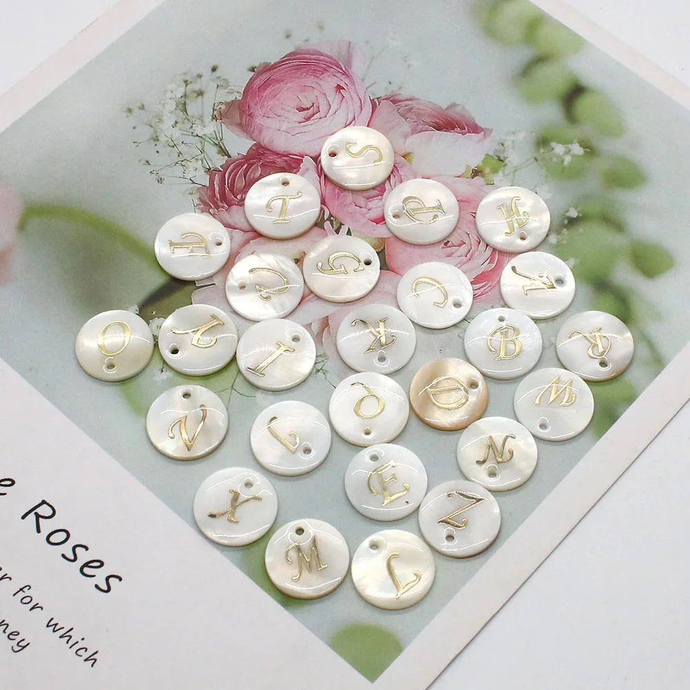 5 Pcs Wholesales Round Shape 15mm Single Hole Natural Freshwater Shell Pendant with Gold-color A-Z 26 Letter Jewelry Accessories