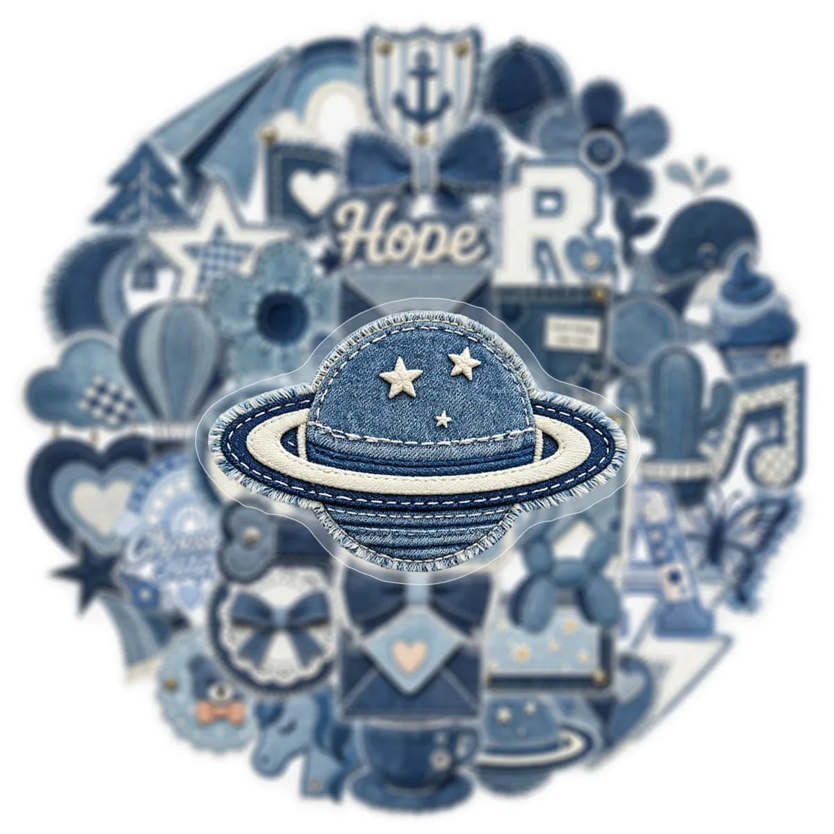 50Pcs Vintage Blue Denim Stitched Transparent Stickers Embroidery Heart Star Floral Decals for Scrapbook Phone Case DIY Decor