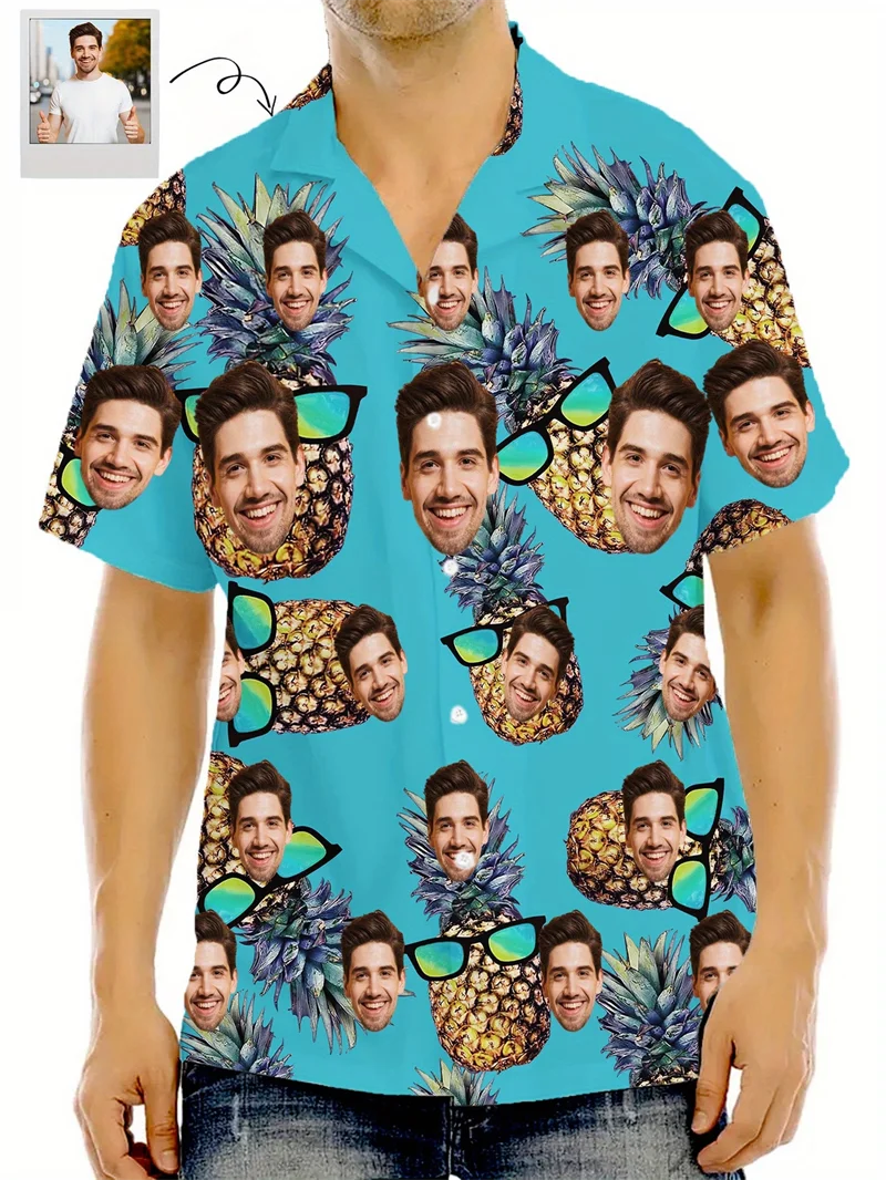 

Personalized Sunglasses Hawaiian Mens Shirts Custom Face Pineapple Graphic Beach Party Button Down Tops Ropa De Hombres