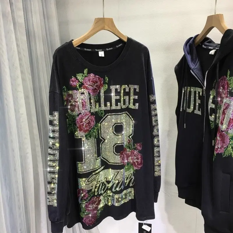 Fashion Oversized Diamonds Pullover Hoodies Women Autumn Winter Clothes Letter Floral Pattern Loose Sweater Casual Sweatshirts