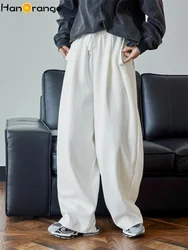 HanOrange 2024 Spring Casual Simple High Waist Wide Leg Pants Loose Comfortable Elastic Waist Sports Trousers White/Navy Blue