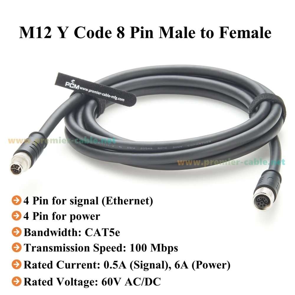 CAT5e Ethernet M12 Y Code 8 Pin Male to Female Extension Cable IP67 100 Mbps Micro-C Data & Power Cable for PROFINET, EtherCAT