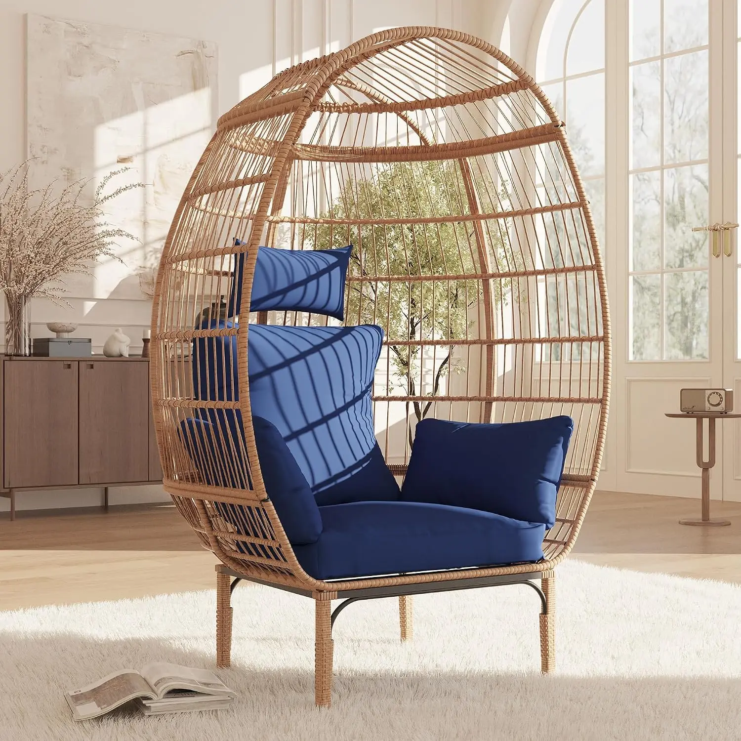 Oversized Wicker Egg Chair with Cushions for Indoor Outdoor Patio Balcony, Extra Wide Seat, Military Blue, Customized