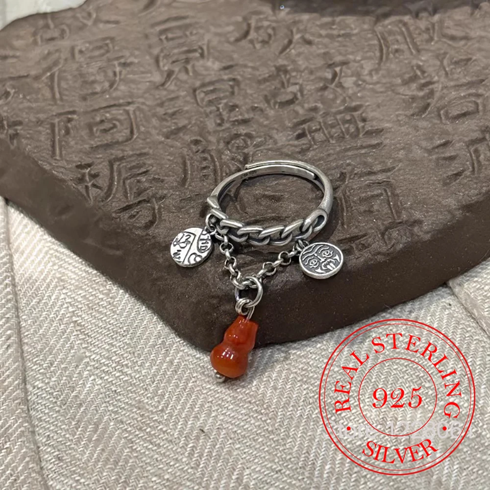 925 Sterling Silver Jewelry Vintage Red Jade Gourd Finger Rings for Women Wedding Party Jewelry For Girls Friend Gift
