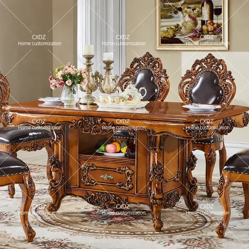 Luxury Rectangular Dining Table with Marble Top and Solid Wood Carved Base European Style High End Furniture for Living Room