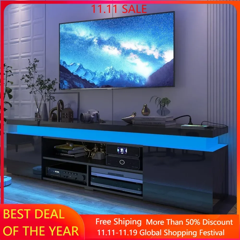 LED TV Stand for 85 Inch TV, Modern Gaming TV Stand with Power Outlet, High Gloss TV Console Entertainment Center with Storage