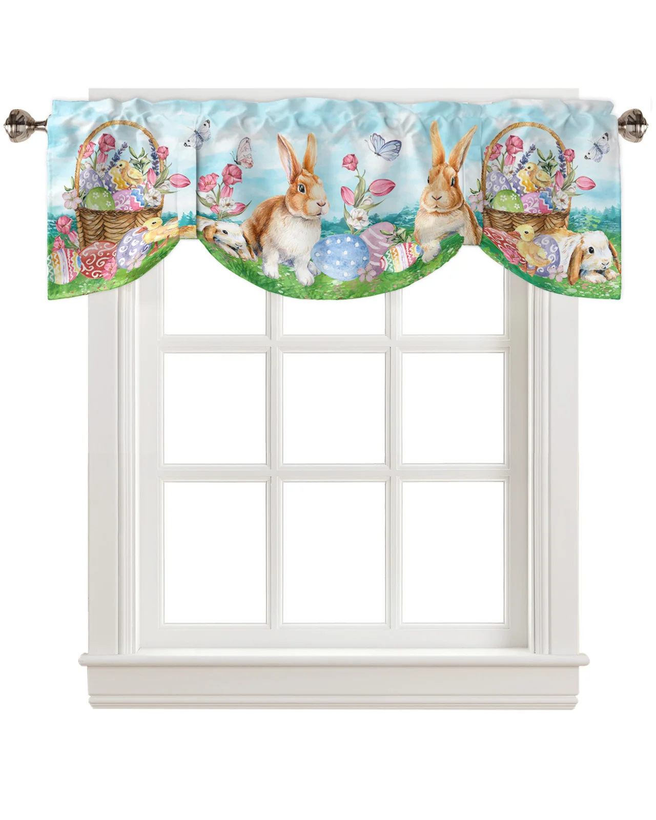 Easter Bunny Egg Flower Butterfly Short Window Curtain Adjustable Tie Up Valance for Living Room Kitchen Window Drapes