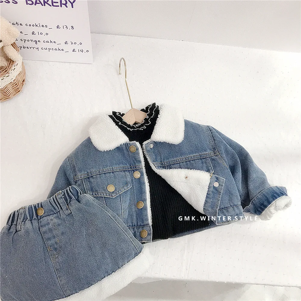 

Girls Denim Velvet Set Fashion Winter Clothing Girls Baby Cotton Skirt Children Lamb Velvet Denim Thick Coat Two Piece Set