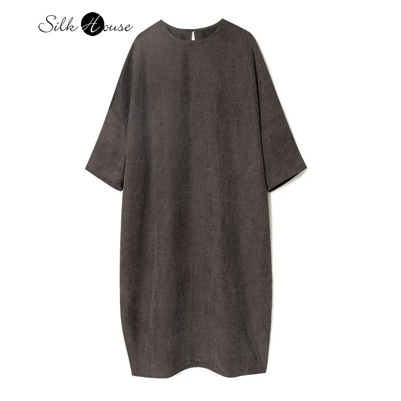 

2025 Women's Fashion Early Autumn New Grey 100% Natural Mulberry Silk Gambiered Guangdong Gauze National Style Round Neck Dress