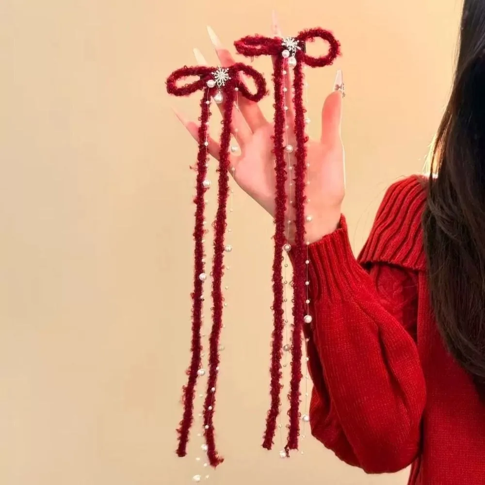 

Заколка для волос с красным бантом в стиле ретро, снежинки, стразы, бант, заколки, ткань Y2k, длинная лента, бант, заколка для волос, студенческая