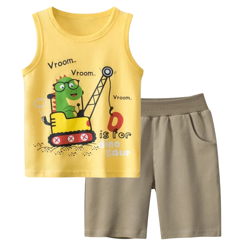 

Cartoon Dinosaur Children's Clothing Sets 2024 Summer New Boys Cotton Sleeveless Vest Top + Beach Shorts Cotton Kid Clothes 2PCS