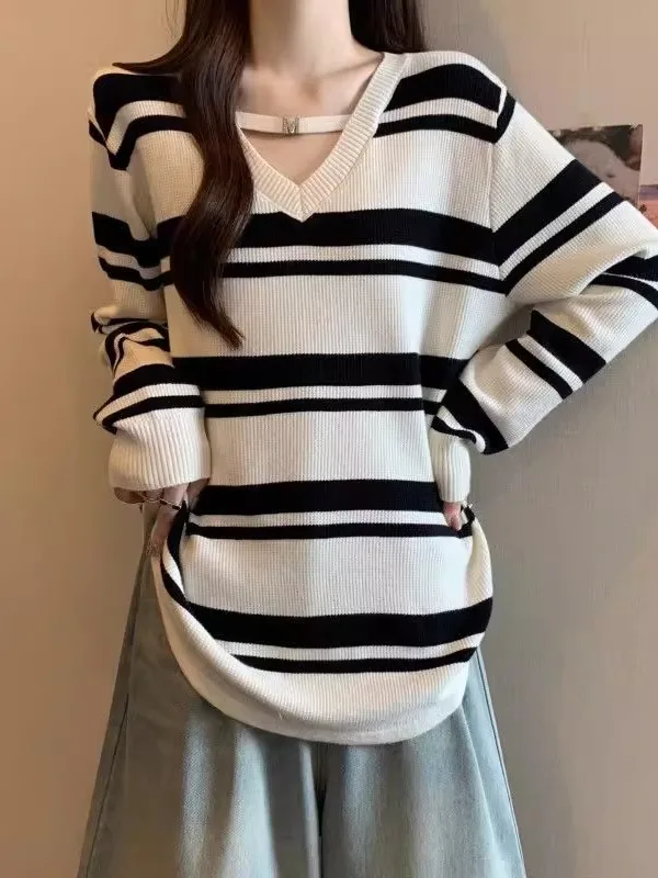 

Women's V-Ne Long Sve Knitted Top Ne Hanging Striped Inner Wear T-irt Sweater Autumn Winter New Sle Belly Covering