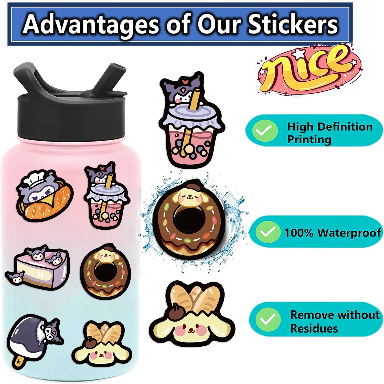 10/50pcs Cartoon Food Sanrio Stickers My Melody Kuromi Cute Decals Suicase Laptop Kawaii Aesthetic Anime Decoration Stickers