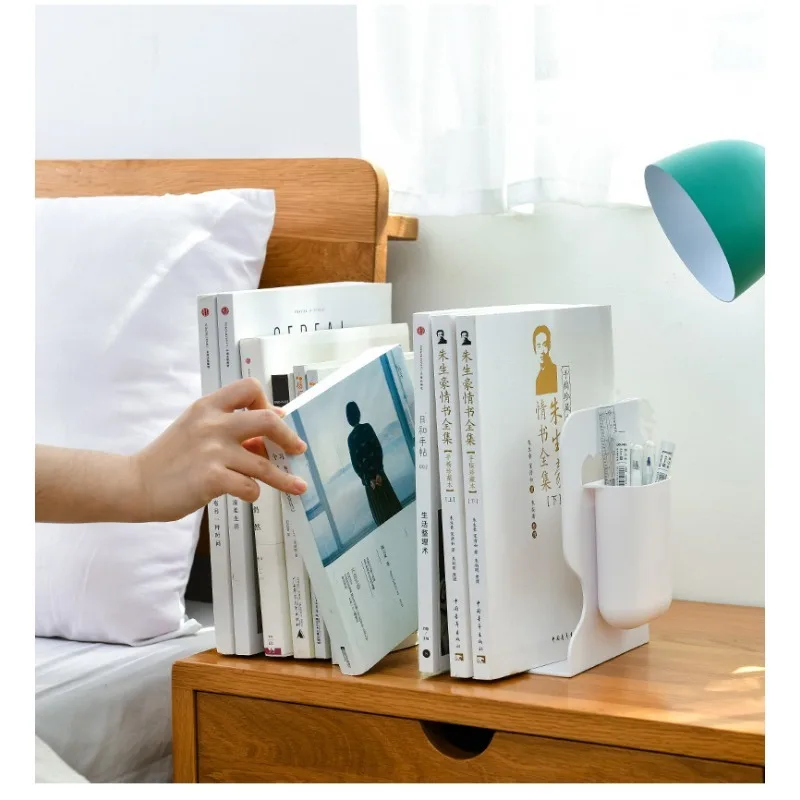 ที่วางหนังสือแบบยืดหดได้พร้อมที่ใส่ปากกา ชั้นวางหนังสือแบบพับได้บนโต๊ะเรียบง่าย ชั้นวางหนังสือแบบยืดแนวตั้ง วางหนังสือแนวตั้ง