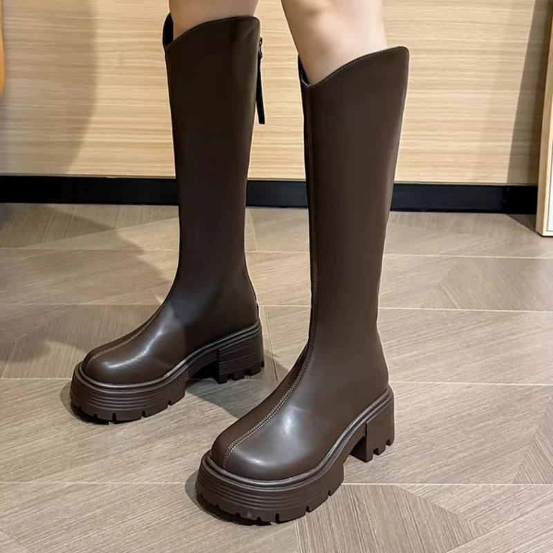 Botas hasta la rodilla para mujer, zapatos resistentes al desgaste, antideslizantes, de cabeza redonda, Color sólido, a la moda, para exteriores, gran oferta, invierno, 2024