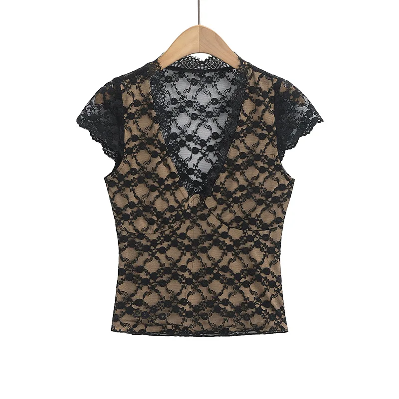 Purely Alluring Hot Girl Sexy Lace V-Neck Long Sleeve T-Shirt for Women 2025 Spring New Slim Fit Short Top   8I75