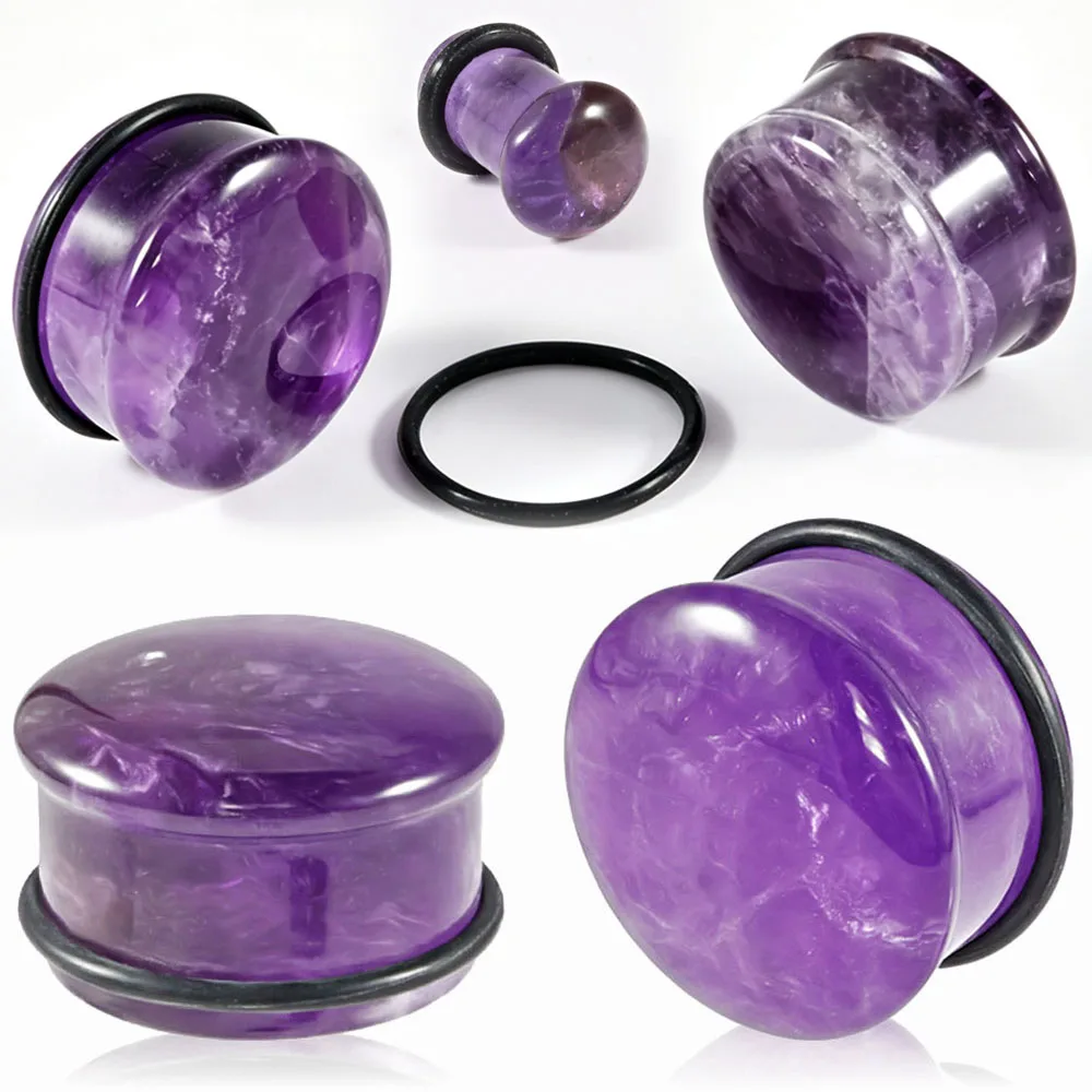 Pair Amethyst Stone Ear Gauge Plugs Tunnels Single Flare Ear Stretching Expander With O‑Ring Unisex Stone Body Piercing Jewelry