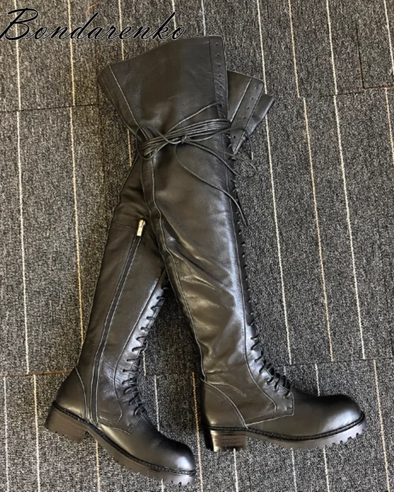 Black Flat Lace up Thigh High Boots Women Comfy Winter Luxury Designer Round Toe High Boots Big Size Causal Dress Shoes New in