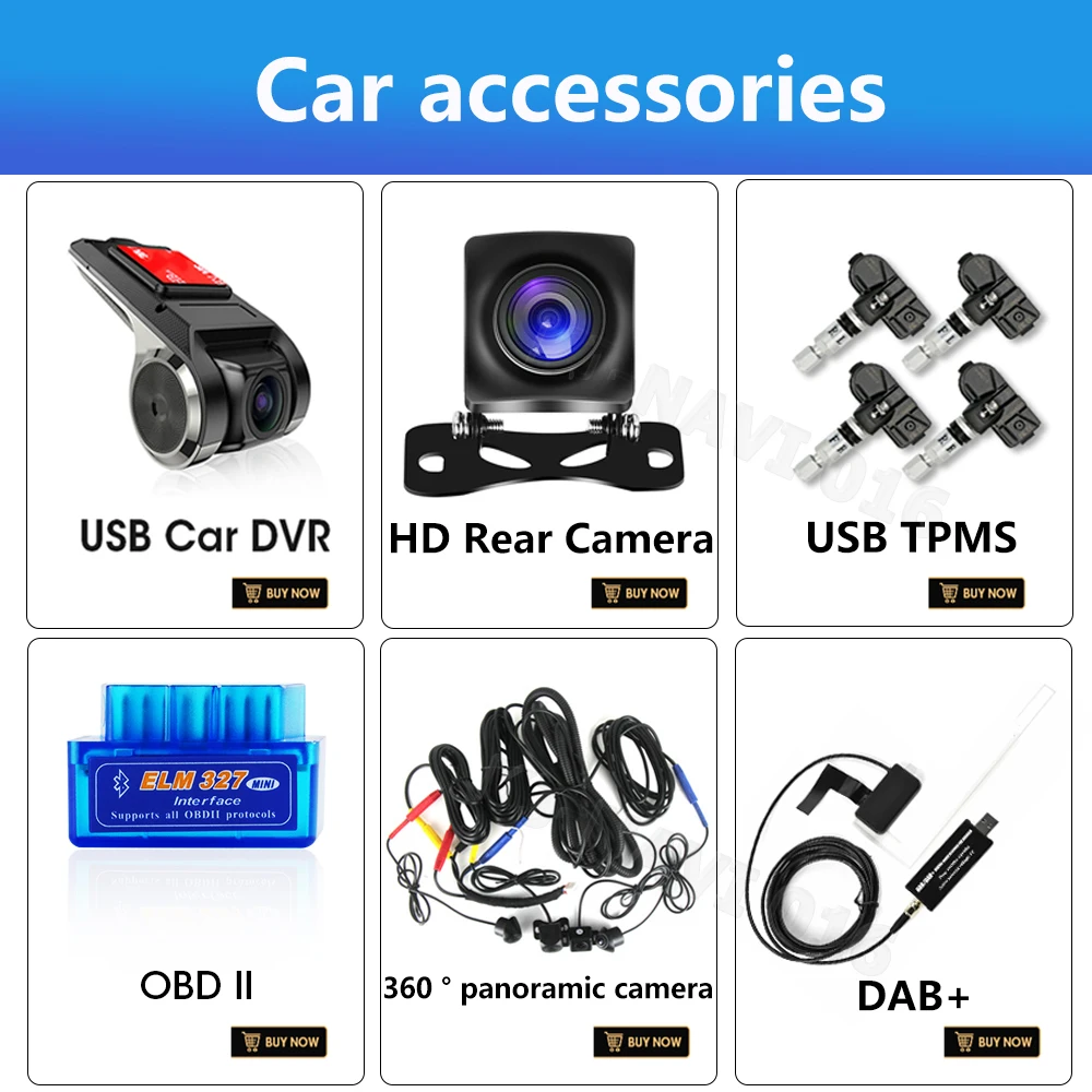 Car accessories are only suitable For our shop car radio, rear camera, DVR, TPMS,DAB,OBD