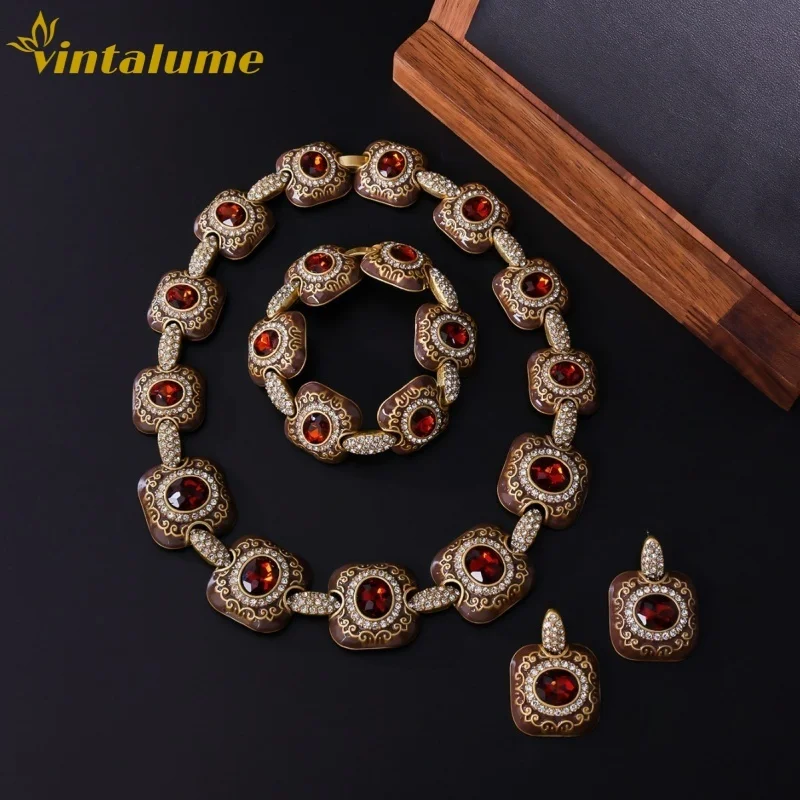 

Ювелирный набор Vintalume: колье, браслет и серьги с квадратными камнями из эмали и фианитов, винтажный, изысканный, массивный, для вечеринок, подарок для женщин