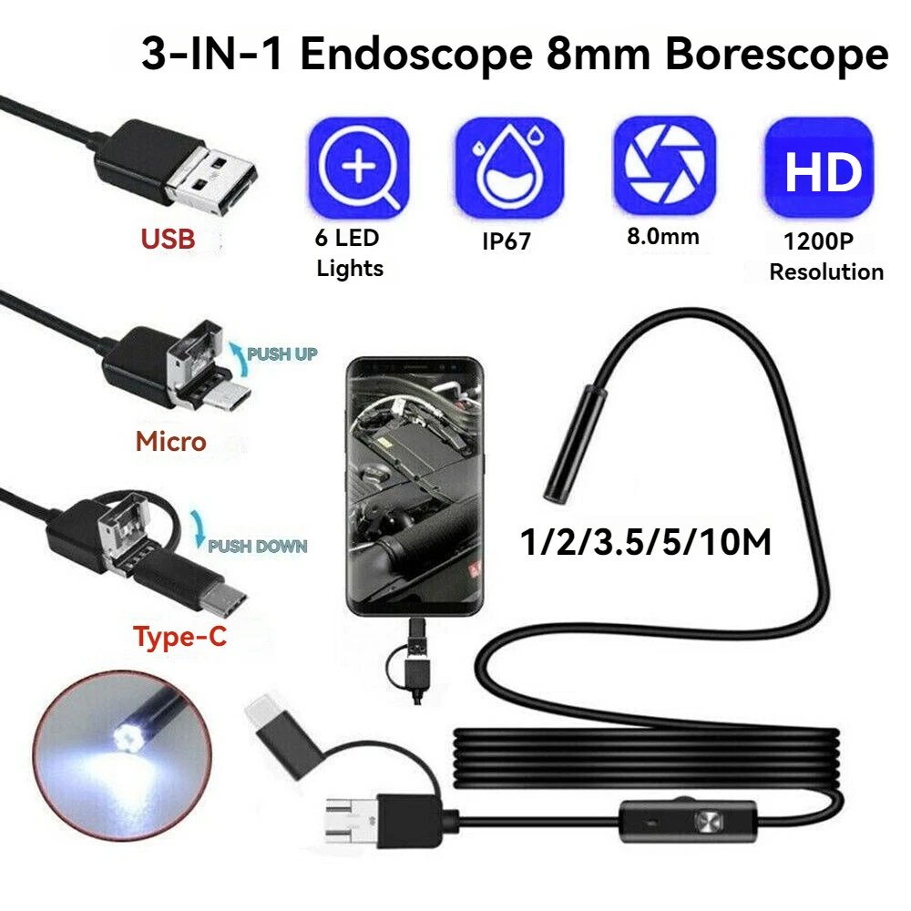 

8 мм 1200PHD Android эндоскопическая камера 3 в 1 Micro USB Type C бороскоп мини-камера водонепроницаемая светодиодная камера для осмотра автомобиля для Android/ПК