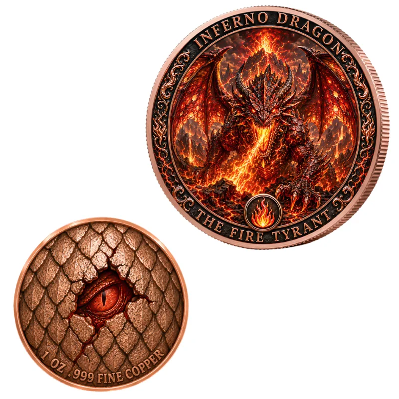 1oz .999 Fine Copper Round Inferno Dragon The Fire Tyrant Colorized Dragon Eye Scales Fantasy Mythology Art Medal Gift