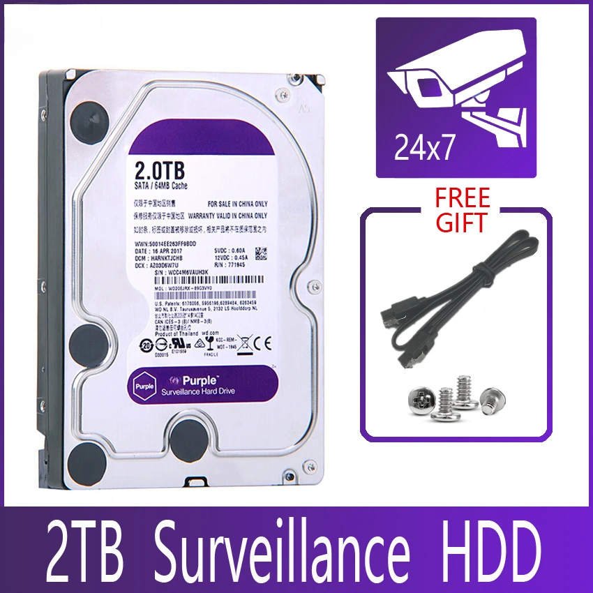 

PURPLE Surveillance 2TB Hard Drive Disk SATA III 64M 3.5" HDD HD Harddisk For Security System Video Recorder DVR NVR CCTV