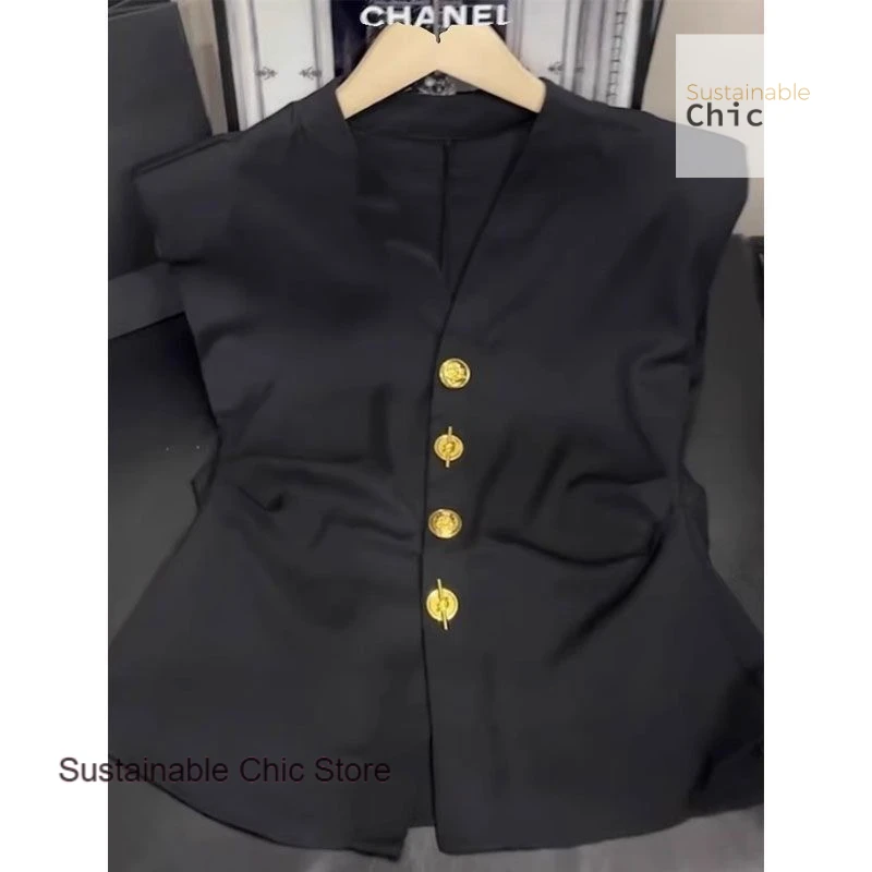 

French high-grade small fragrant wind waist fold V-neck flying sleeve vest female summer temperament chic sleeveless split shirt